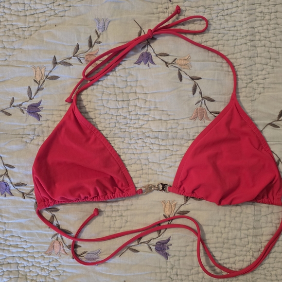 Tory Burch Women's Small Logo Halter Bikini Top Swim Suit String RED Stretch - Picture 8 of 10